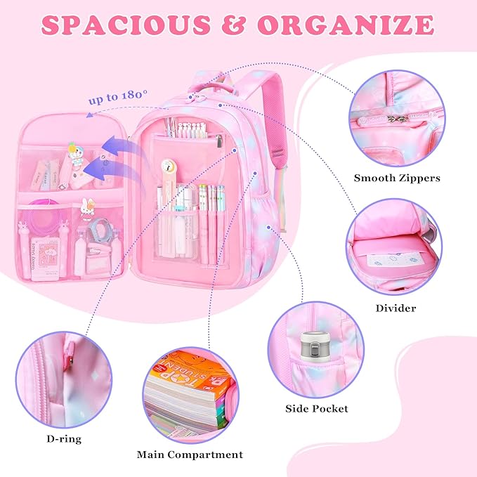 3PCS SET kids backpacks for girls, bookbag for girls backpack with lunch box Pencil Pouch Set back to school supplies for Kid, School backpack for girl Elementary School Student(PINK)