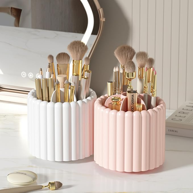 Desk Organizer, 360° Rotating Pen Holder for Desk, Pencil Cup with 7 Compartments Storage Box Caddy for Kids, Office, School, Home (White)