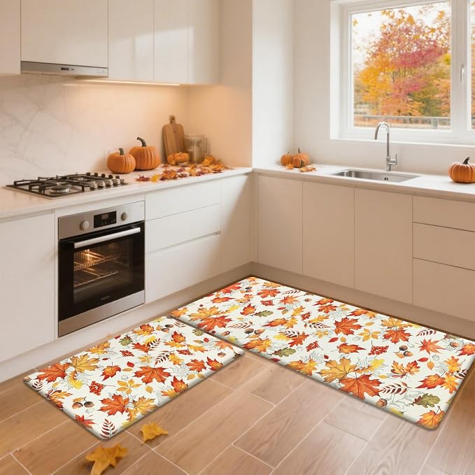 SHACOS Fall Anti Fatigue Kitchen Mats Orange Maple & Acorn 17x27.5+17x47 | Autumn Harvest Cushioned Kitchen Rugs Set of 2 Beige Non Slip Kitchen Floor Mat Ergonomic Standing Mats