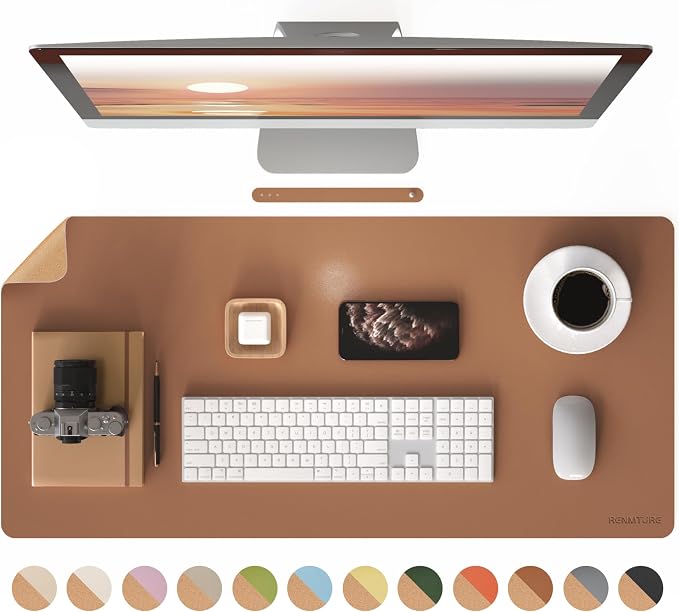 RENMTURE Desk Pad, Cork & PU Leather Desk Mat, Large Mouse pad, Non-Slip Desk Protector and Blotter, Waterproof Writing Pad, Desk Accessories and Organizers for Home Office (Brown, 36"x17")