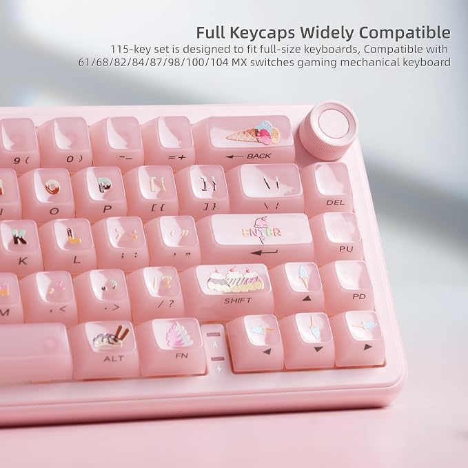 Womier Pink Jelly Keycaps, Ceramic Keycaps Style Clear Keycap, Ice-Cream Cute Transparent Shine Through Custom 60 65 75 100 Percent for Cherry MX,Gateron Mechanical Keyboards, MDA Profile-Pink