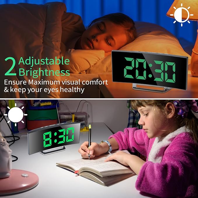 Digital Alarm Clock for Bedrooms, Bedside Mirror Clock with Modern Curved Design, 2 Brightness, 12/24H, Snooze, USB Power Supply, Power-Off Memory(Green)