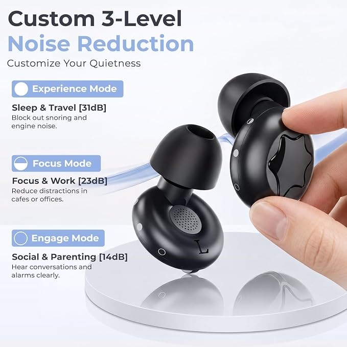 Adjustable Ear Plugs with 3 Noise Relief Modes, Earplugs are Perfect for Focused Work, Sleep, Socializing, Travel and Daily Use, Enabling Multi-Scenario Usage, Reusable Earplugs 14-31 dB Reduction.