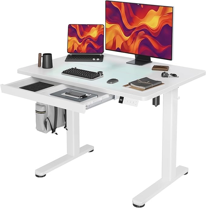 YDN Standing Desk with Drawer 40 Inch Electric Height Adjustable White | Industrial steel frame supports 176 lbs, 28.3 to 46.5 inch height range, quiet 45 dB motor, 25.6 x 12.6 inch storage drawer