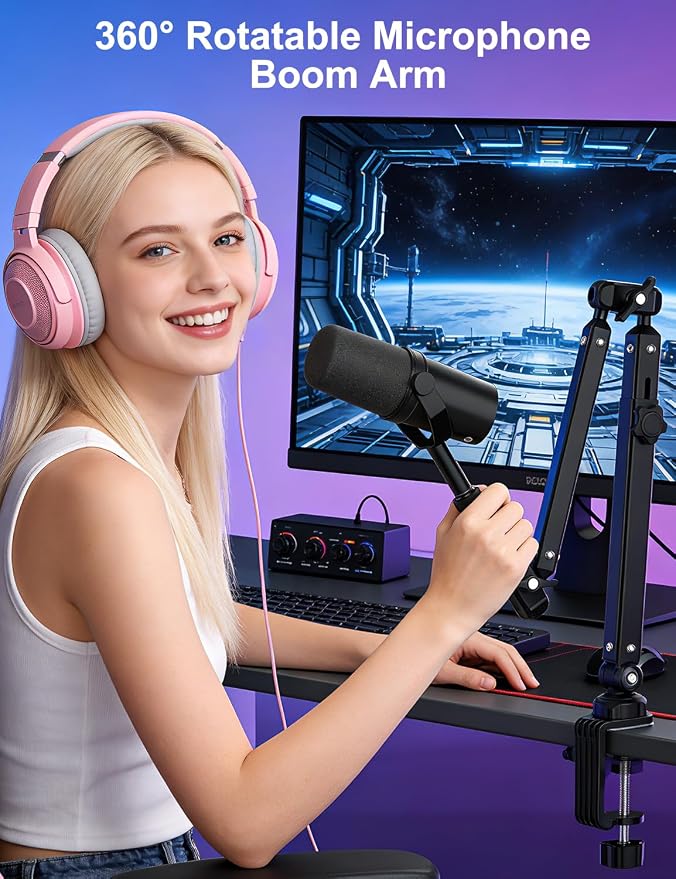 Microphone Boom Arm, 360° Rotatable Heavy Duty Stable Metal Low Profile Mic Arm Stand Desk Mount for Podcast Live Streaming Gaming Studio, with Cable Management, 3/8'' to 5/8'' Adapter