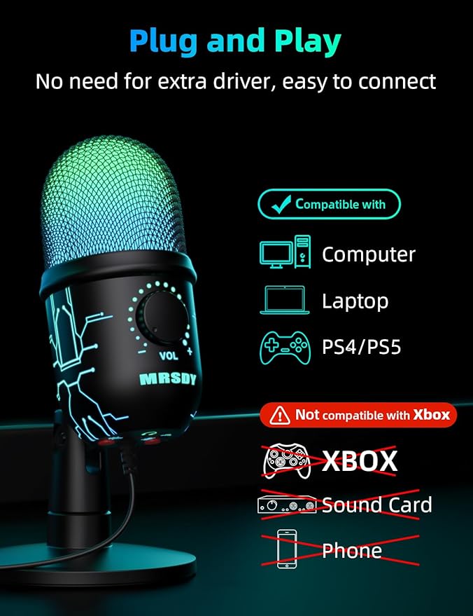 MRSDY USB Gaming Microphone for PC with Noise Reduction, Mute, Gain, RGB | Condenser Mic, Headphone Jack, Suitable for PC, Computer, PS4, PS5, Mac, Streaming, Podcasting, Recording, YouTube, Discord