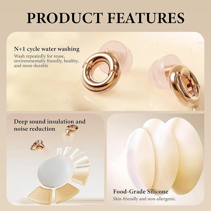Noise Cancelling Ear Plugs 45dB – Reusable Silicone Earplugs for Sleeping, Snoring, Travel, Concerts & Work with 8 Eartips – Soft Comfortable Hearing Protection (Gold, One Size)