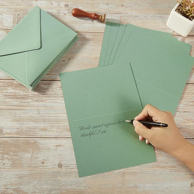50 Pack Sage-Green A7 Envelopes with Cards and Gold Stickers, 5x7 | With Thick Folded Cardstock, For Greeting Cards, Wedding, Birthday, Invitations, Baby Showers