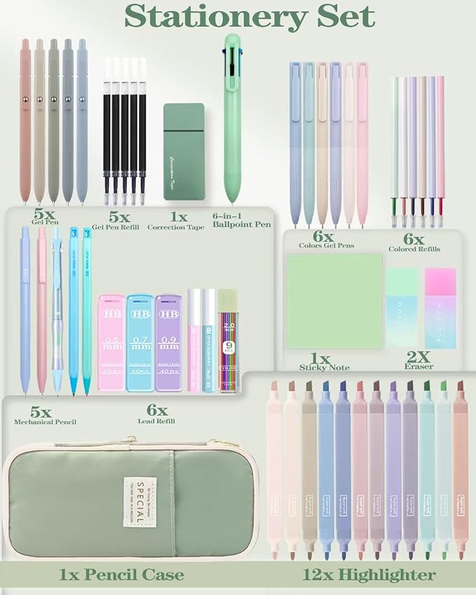 JIZHIYUAN 54PCS Aesthetic Office Supplies with Large Pencil Case,12 Pastel Highlighters,5 Black & 6 Color Ink Gel Pens, 6-in-1 Ballpoint Pen,5 Mechanical Pencils 0.5-2.0mm Stationary Set(Green)