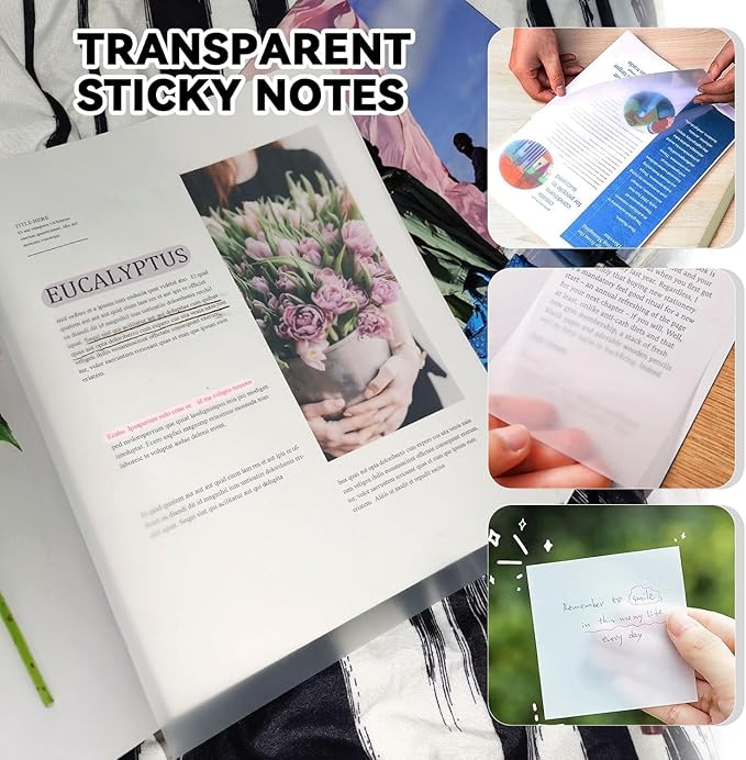 Transparent Clear Sticky Notes, 5x7 and 3x3 Inch Large and Small See Through Waterproof Self-Adhesive Translucent Post it Notes for Bible, Tracing, Annotating, Taking Notes, Office, 12 Pads