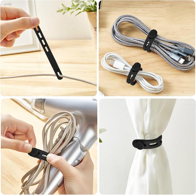 25 Pcs Black Silicone Cable Ties, Reusable Cable Straps Wire Organizer. | Cable Management Cord Organizer for Fastening Earphone Phone Charger Home Office Desk Kitchen Appliances Cable Cords Wires