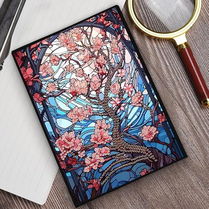 FRANDEK Pearl Painting Notebook Kit, Red Flower Tree A5 DIY Journal with 50 Blank Pages, Diamond Gem Art Cover with Waterproof Canvas, Beginner Craft Set with Full Tools for Adults