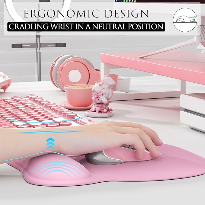 MROCO Ergonomic Mouse Pad with Gel Wrist Rest, Smooth Wrist Support Surface, Non-Slip PU Base for Pain Relief, Comfortable Mousepad for Computer, Laptop, Office & Home, 9.4 x 8.1 in, Pale Pink