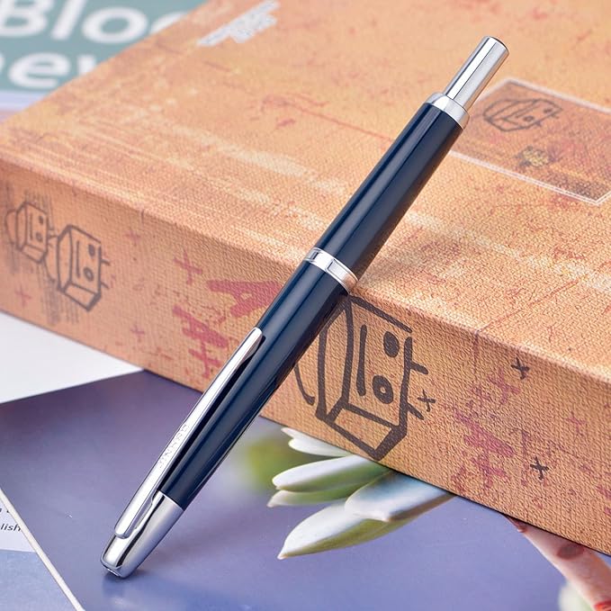 Jinhao 20 Press Fountain Pen, Dark Blue Retractable Fine Nib with Ink Converter Set (Silver Clip)