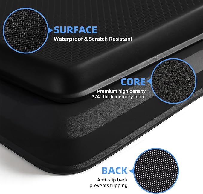 Kitchen Mat Cushioned Anti Fatigue, 0.75" Waterproof,Non Slip Kitchen Rugs, Memory Foam Comfort Mat for Standing at Home,Office,Sink,Laundry(20"x47.2" Black)