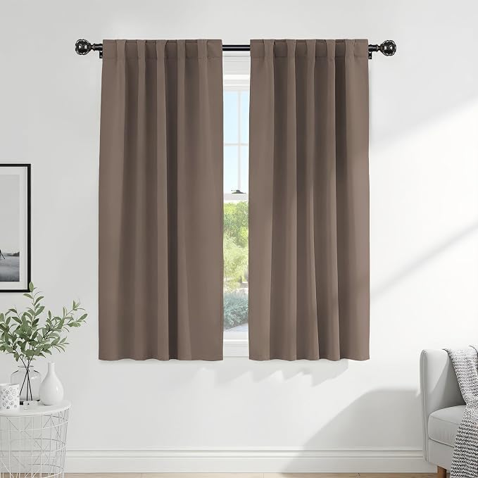 PONY DANCE Decorative Window Drapes - Blackout Thermal Insulated Curtain Draperies Home Decoration Back Tab/Rod Pocket Blackout Curtain Panels for Bedroom, 42-inch by 63-inch, Mocha, Set of 2
