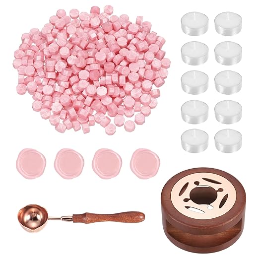 PATIKIL Wax Seal Kit, 300 Pcs Wax Sealing Beads, Wooden Warmer, Melted Spoon, 10 Pcs Tealight Candles for Envelope Letter Mailing Crafts DIY, Pearl Pink