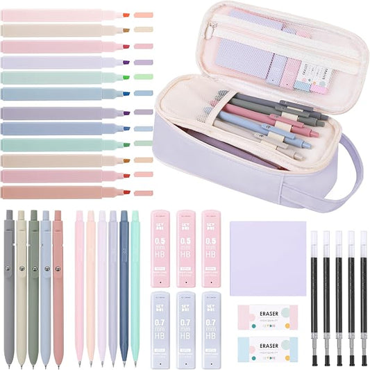 SKYDUE Cute School Supplies Kit, 38 PCS Aesthetic Stationery Set with Large Pencil Case, Pens, Mechanical Pencils, Highlighters & Sticky Notes for School, College Purple