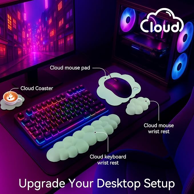 Sushret Cloud Wrist Rest for Computer Keyboard, 4-in-1 Memory Foam Leather Cloud Keyboard Wrist Rest and Mouse Pad Set with Ergonomic Support for Arm and Palm Cushion, Gaming/Work Setup, Light Green