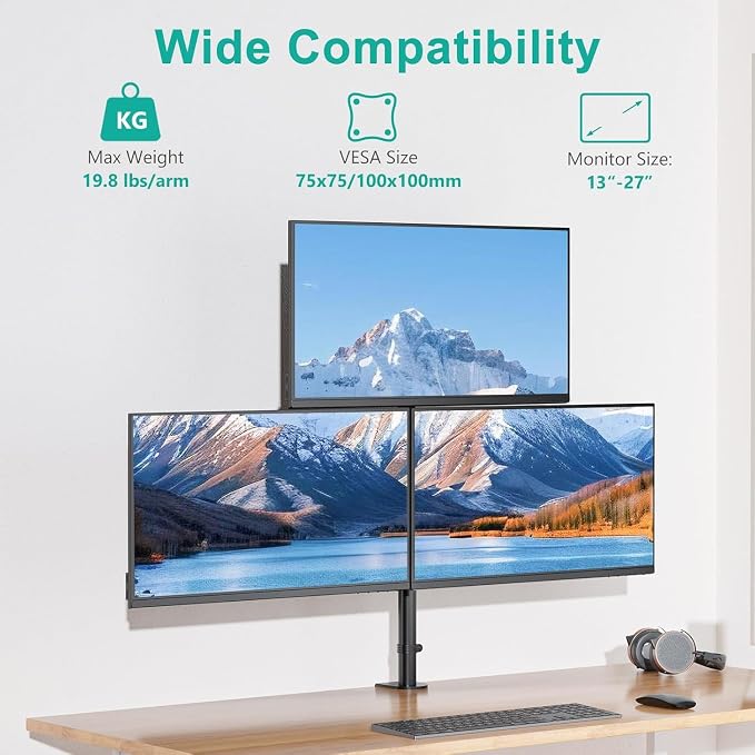 WALI Stacked Triple Monitor Mount for 13-27 inch Screens, 19.8 lbs per Arm | Tall 3 Monitor Desk Mount, Full Motion with Tilt, Swivel, Rotation, C-Clamp & Grommet Base, VESA 75/100mm (GSDM003S), Black