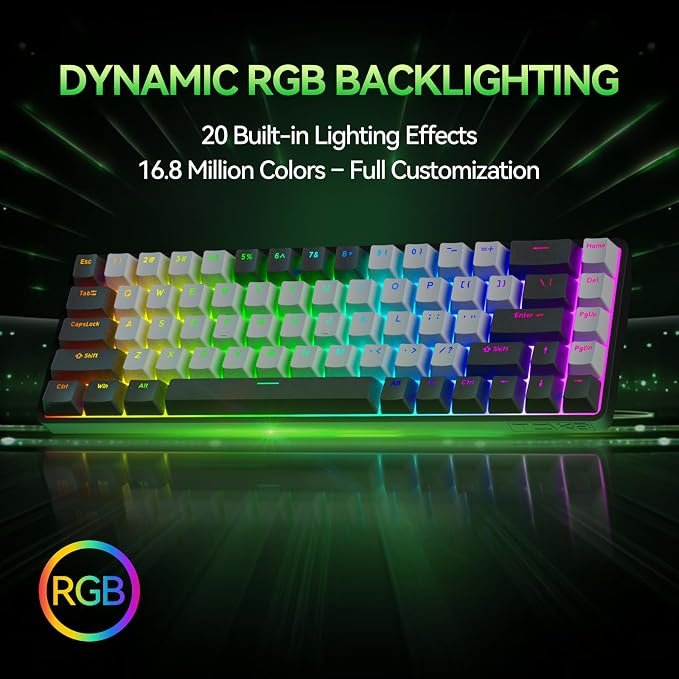 TMKB T68 60% Wireless Mechanical Gaming Keyboard, Tri-Mode BT5.0/2.4GHz/USB-C with Red Linear Switch, RGB Backlight, Anti-Ghosting, Compact 68 Keys, Wired/Wireless, Black/Gray