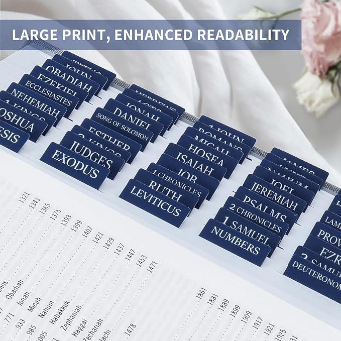 Bible Tabs for Women & Men, Bible Tabs for Study Bible, Large Print Bible Tabs for Easy Navigation, Bible Index Tabs, 66 Tabs Old & New Testament, Extra 9 Blank Tabs - Navy Blue