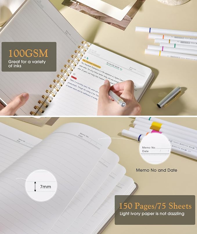 PAPEJOON Lined Spiral Journal Notebook for Women, A5 Cute Hardcover Spiral Journals for Writing, 150 Pages Pretty College Ruled Notebooks for Work & Note Taking, 5.75" x 8.38", Boho Sun & Moon