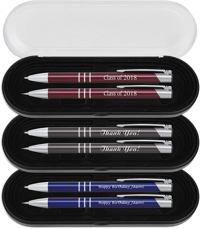 2 Personalized Engraved Classic Metal Ballpoint Pen & Mechanical Pencil Gift Set. Includes Case - Graphite Gray Color with Silver Accents. Black Ink.