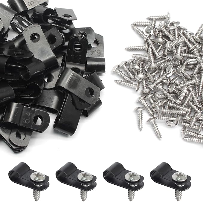 50 Pcs 1/4 Inch Black Nylon Cable Clip Wire Clamp | R-type, 6.4mm, Screw Mounting, Stainless Steel Screws Included, Wire Management
