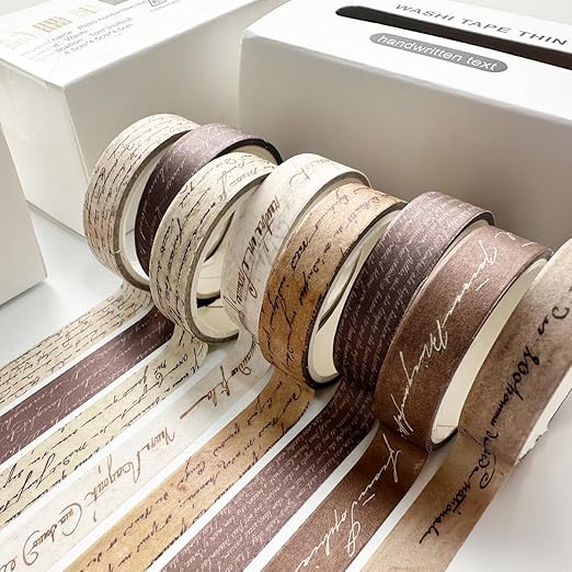 Vintage Washi Tape Set 8 Rolls Thin Retro Decorative Antique Patterns Masking Tapes for Arts, DIY Crafts, Journals, Planners, Scrapbook, Wrapping (Handwritten Text)
