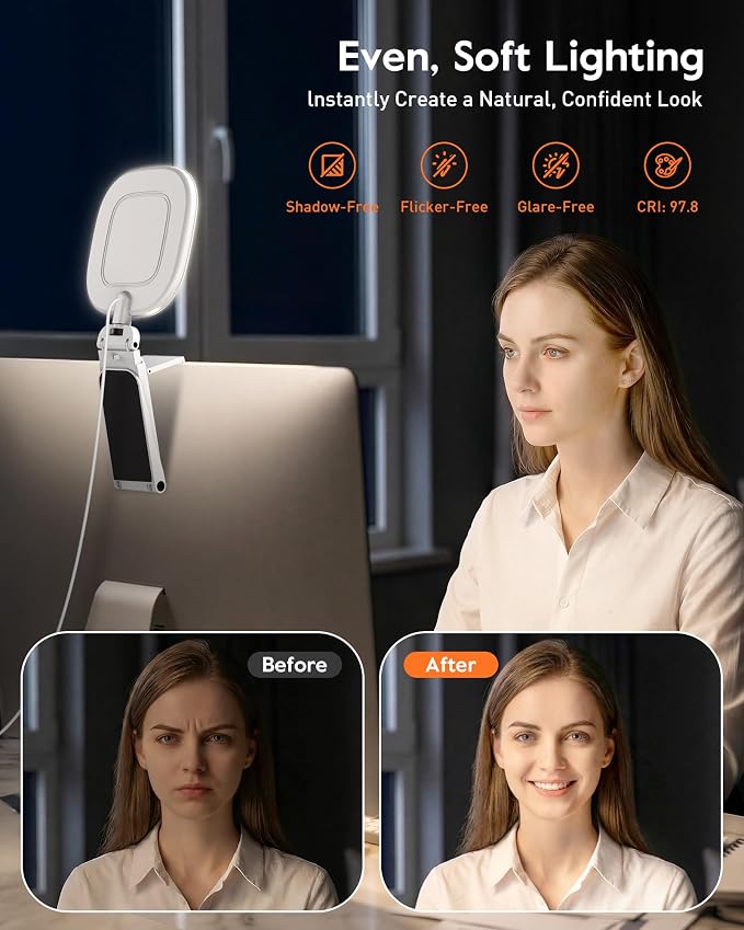 Upgraded Ring Light for Laptop, Monitor & Desk – Eye-Caring Diffused LED Computer Light with Screen-Safe Clip, Adjustable Monitor Mount, CRI 97.8+, 50 Lighting Modes for Zoom, Video Calls & Streaming