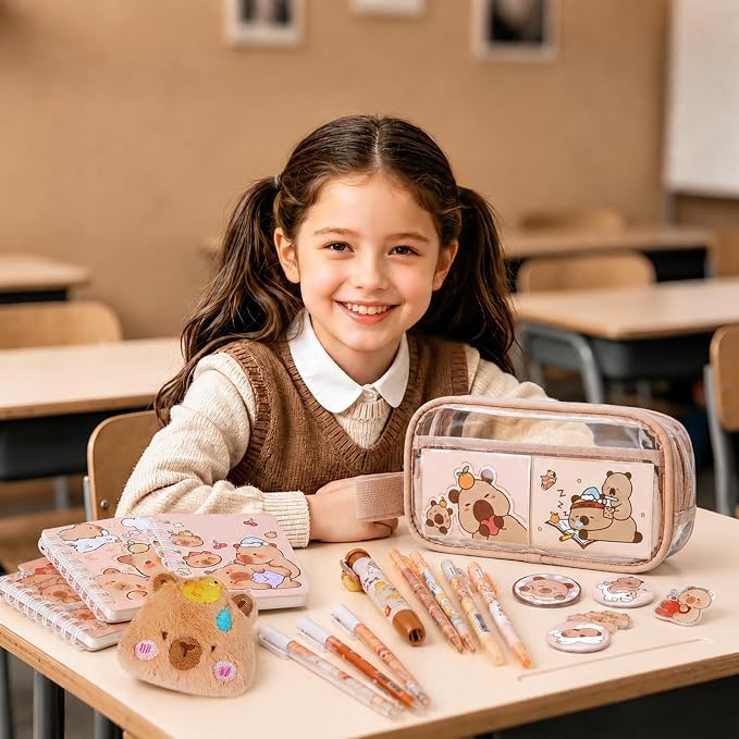 Capybara Theme Clear Backpack, 28Pcs School Supplies Stationery Transparent Backpack Set with Lunch Box Pencil Case Pens Notebooks for Kids Girls Elementary Middle School Stadium Approved