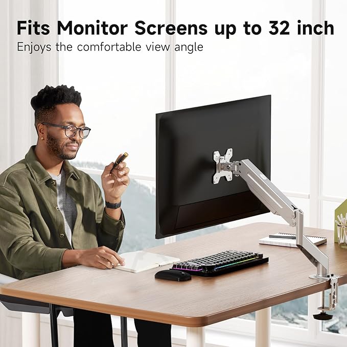 Suptek Monitor Mount Gas Spring Monitor Arm Desk Mount Fully Adjustable Fits 17 20 22 23 24 26 32 inch Monitors Weight Capacity up to 22 lbs (Silver)
