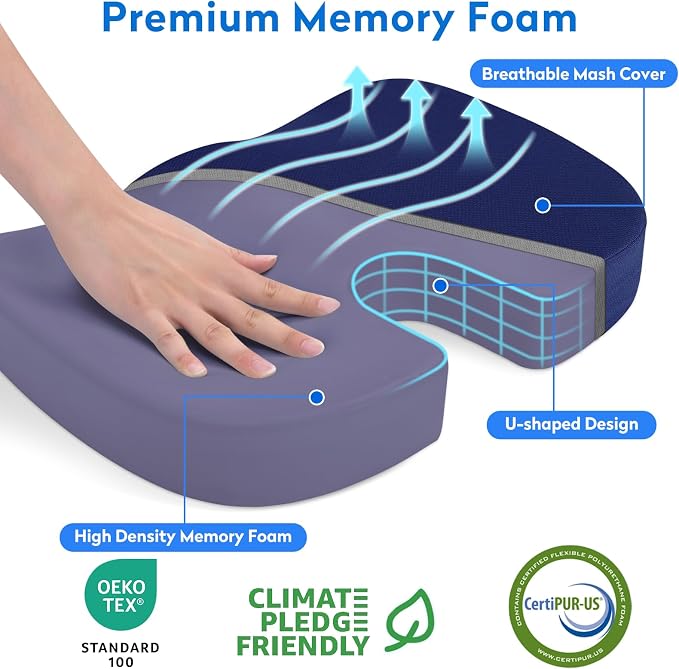 CushZone Seat Cushion, Office Chair Cushions, Car Seat Cushion, Non-Slip Sciatica & Back Coccyx Pain Relief Chair Pad, Memory Foam Pillow for Computer Desk, Wheelchair, Driving Large Size (Blue)