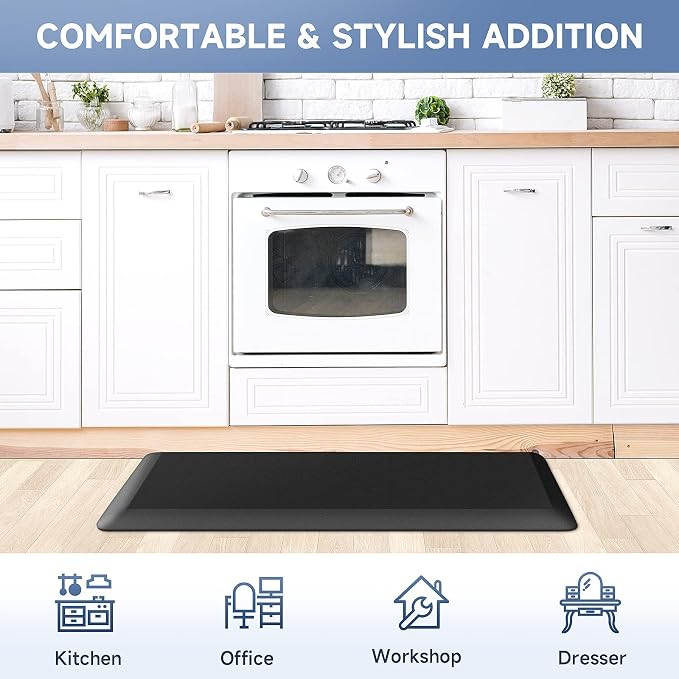StepRite 4/5 Inch Thick Kitchen Mat Anti Fatigue Mat Kitchen Rugs Kitchen Decor Non-Slip, Stain Resistant, Water Resistant Kitchen Mats Desk Mat for Kitchen, Office, Workshop, Black, 17'' x 39''