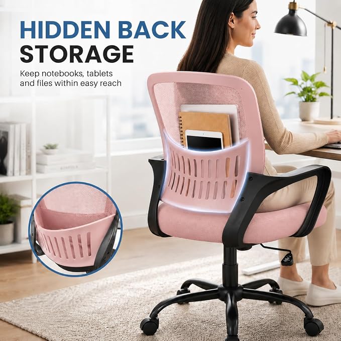 Ergonomic Office Chair, Home Office Desk Chair, Game Chair with Lumbar Support, Breathable Mesh Chairs, Swivel Desk Chairs for Computer, Home, Office, 360° Swivel (Pink)