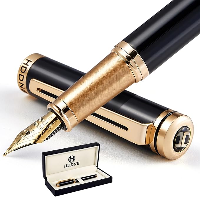 Black Luxury Fountain Pen Set for Men and Women with Gift Box, 24K Gold Finish and Gilded Nib(Fine) with 5 Black Ink Cartridges and Converter