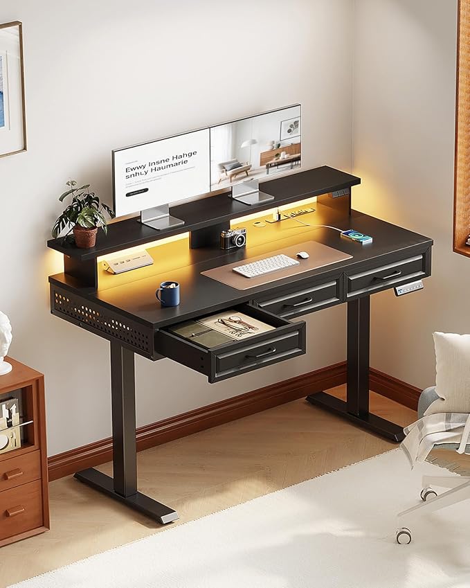 OffiGo 48 Inch Electric Standing Desk, Black, 3 Wood Drawers, Monitor Stand | 3 Outlets & 2 USB Ports, 20 LED Modes, 3 Memory Heights, 29.9"-46.1" in Range, Cable Management Tray, 154 lb Capacity