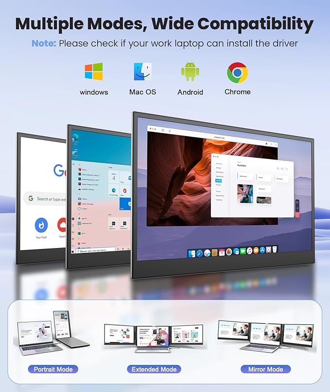 One Cable Laptop Screen Extender, 15.6” Ultra-Slim Triple Portable Monitor, 1080P FHD IPS Display, USB-C/A Connection, Travel Monitor for 13–17.3" Laptops, Mac/Windows/Android (Driver Required)