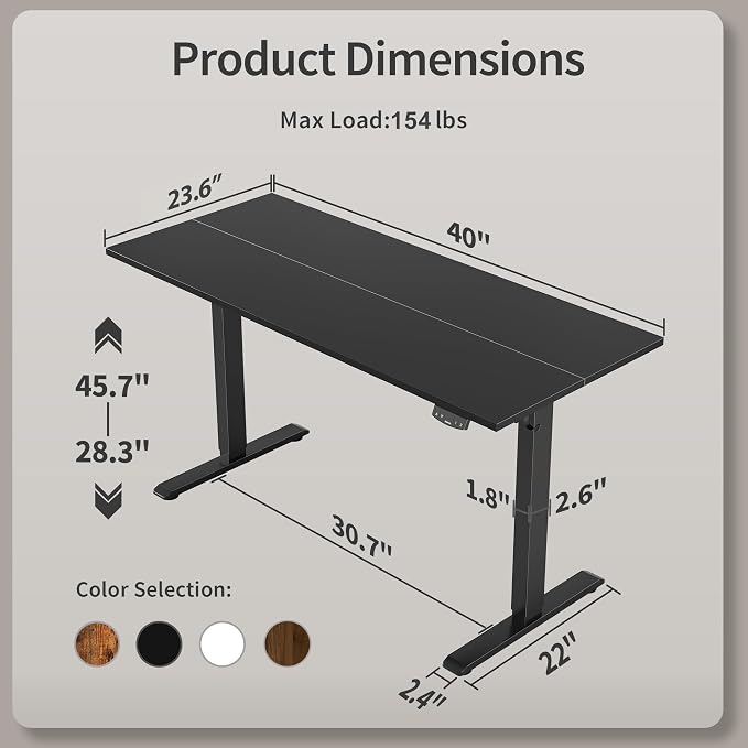 Agilestic Electric Standing Desk, 40 x 24 Inches Height Adjustable Desk, Sit Stand up for Work Office Home, Ergonomic Rising Computer Table with Memory Preset, Black
