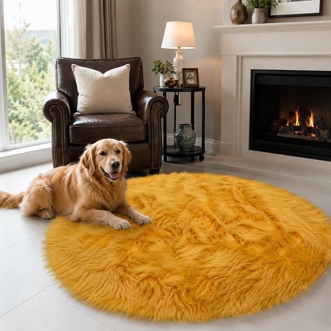 EasyJoy Faux Sheepskin Rug, Fluffy Faux Fur Rug, Ultra Soft Shag Area Rug with Non-Slip Backing for Bedroom, Living Room, Nursery, Kids Room(4 x 4 ft Round, Golden Yellow)