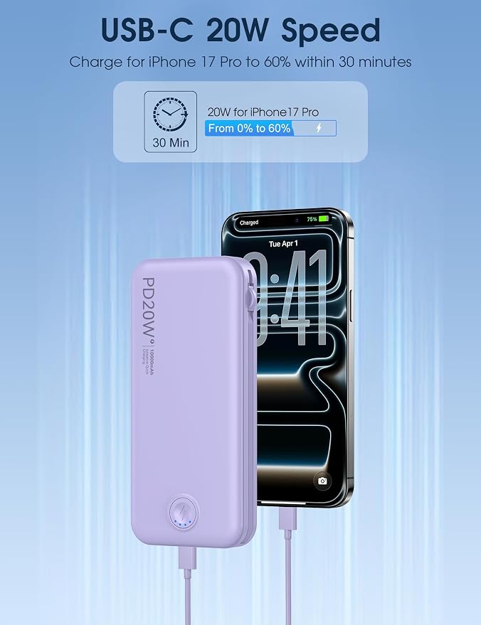 Nusyddy Portable Charger 10000mAh PD20W w/Built-in Cables & Wall Plug Purp. | PD20W Fast Charging, Battery Indicator, Pass Through Charging, TSA Approved, Compact/Slim, Power Bank for iPhone/iPad/Samsung