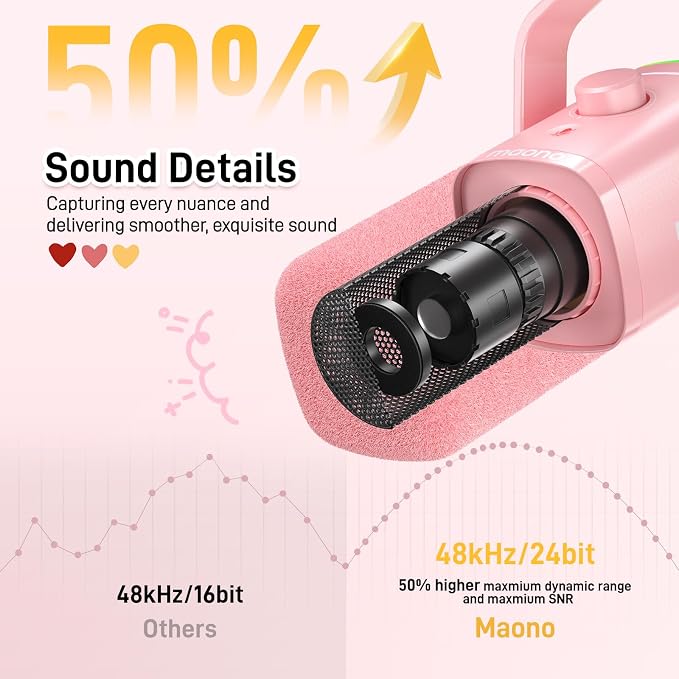 MAONO USB/XLR Podcasting Microphone for PC, Gaming Streaming Dynamic Mic with Mute Button, RGB, Desktop Stand,Computer Mic for Video Studio Recording-PD100X,Pink