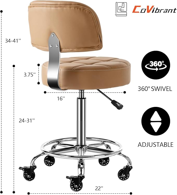 Lockable Stool with Back and Foot Rest Ergonomic Rolling Hydraulic Adjustable Stool for Doctor Esthetician Artist Home Small Office Desk (Camel, 24''-31'')