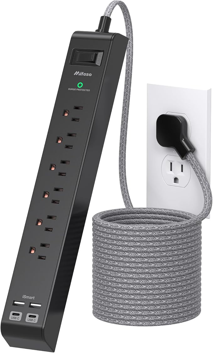 Surge Protector Power Strip 5FT, 10-in-1 with 6 AC Outlets 4 USB Ports(2 USB-C), Ultra Flat Plug Braided Extension Cord, Wall Mountable, 1080J Surge Protection, Black