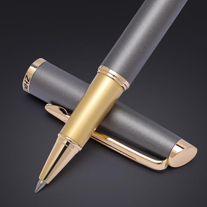 ZHKUVE Luxury Rollerball Pen, Stunning Gray Lacquer with 24K Gold Trim, Switzerland Tip with Black Ink Refills, Elegant Gift Set for Men & Women, Executive Writing
