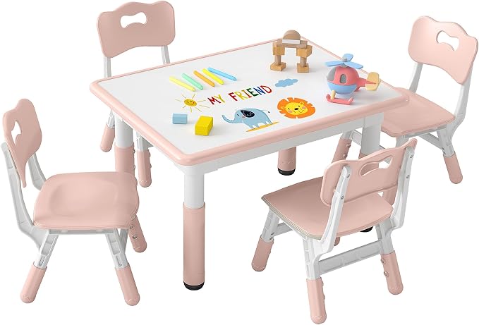 DOREROOM Adjustable Kids Table & 4 Chairs Set, 31.5" L x 23.6" W, Pink | Graffiti Desktop,Table Supports 300 lbs,Toddler Ages 2-8，FSC-certified, Children Activity Table for Daycare, Classroom, Home