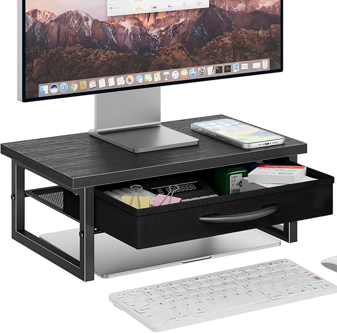 Ekisemio 2-Tier Monitor Stand with Fabric Drawer – Wood and Metal Computer Riser, Desk Organizer for Office, Black