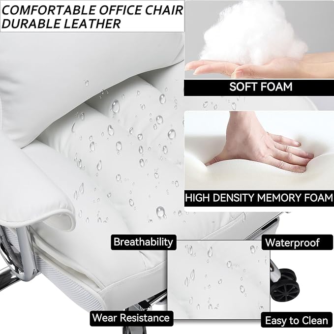 Efomao Big and Tall Office Chair, 400lbs Heavy Duty High Back Executive Chair with 23.6" Extra Wide Seat, PU Leather Desk Chair with Footrest and Padded Armrests, White