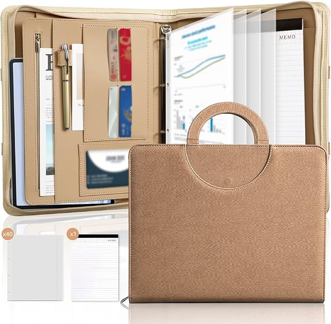 Zippered Padfolio Portfolio Binder, 40 Sleeves & Tablet Holder Case | Features 40 transparent sleeves, tablet pocket & writing pad. Textured leather for office & travel. Secure zipper closure.